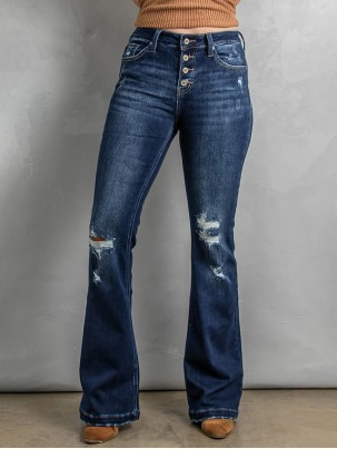 Women's Versatile Button Flared Jeans