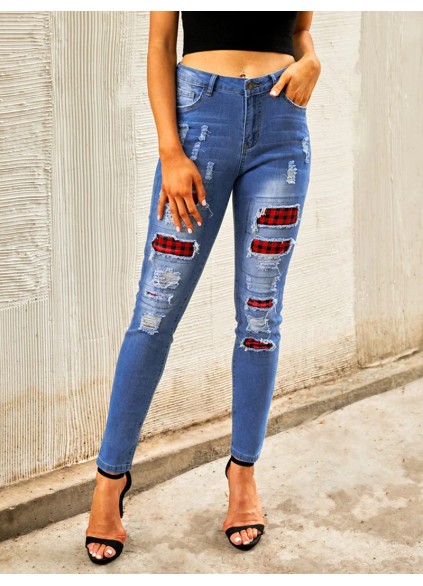 Women's vintage plaid patchwork jeans