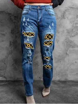 Women's Vintage Sunflower Print Patchwork Jeans