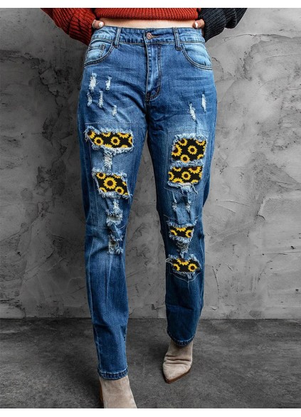 Women's Vintage Sunflower Print Patchwork Jeans