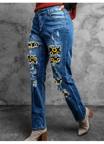 Women's Vintage Sunflower Print Patchwork Jeans