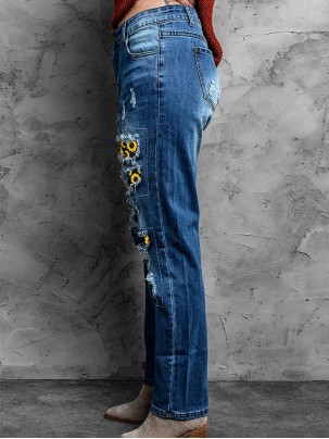 Women's Vintage Sunflower Print Patchwork Jeans