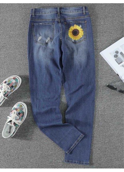 Women's vintage sunflower print patchwork ripped jeans