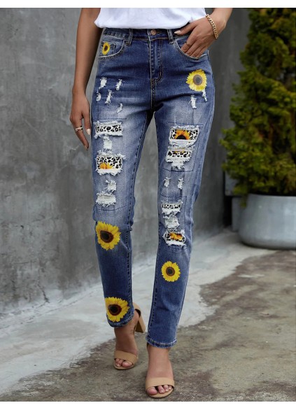 Women's vintage sunflower print patchwork ripped jeans