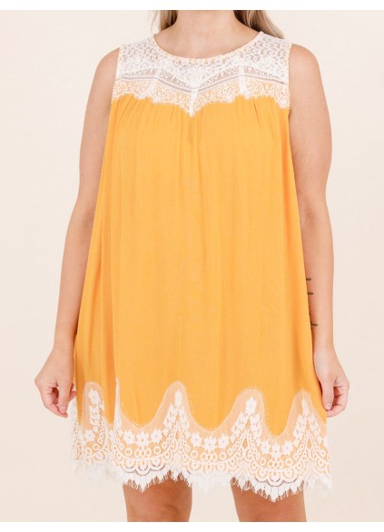 Yellow patchwork lace fabric dress