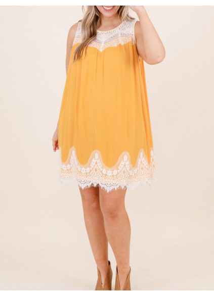 Yellow patchwork lace fabric dress